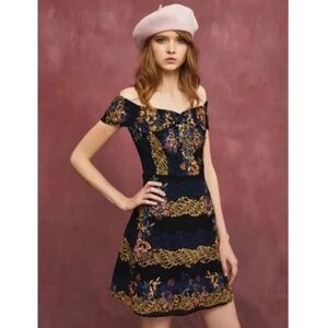 Foxiedox Black Georgina Off the Shoulder Lace Mini Dress| size 4